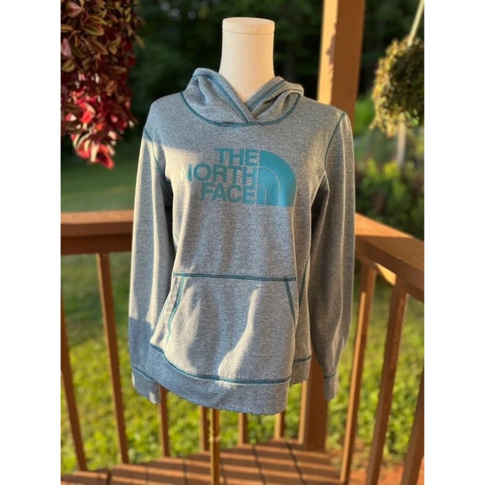 North Face Women’s Heather Blue Gray Logo Hoodie Sweatshirt Large Fleece Lined